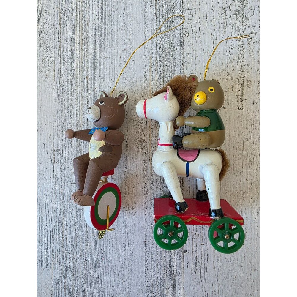 Vintage wooden bear unicycle horse ornament‎ Xmas tree as is